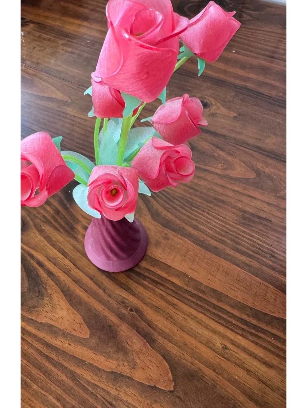 Artificial Pink Rose Flowers in Burgundy Ceramic Vase